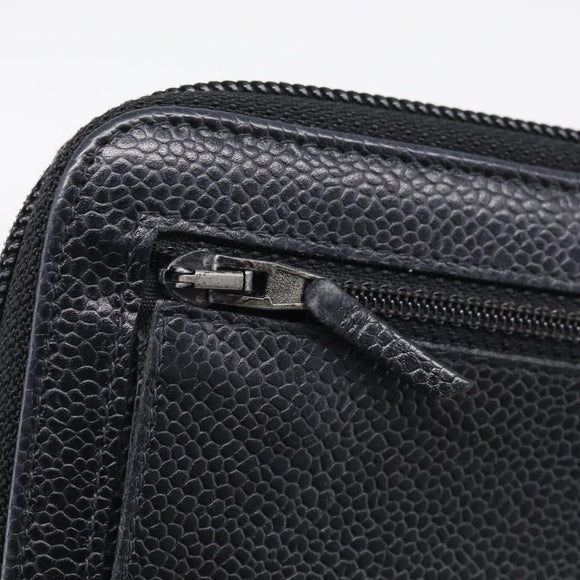 CHANEL Long Wallet Caviar Skin Black Gold CC Auth 213644V