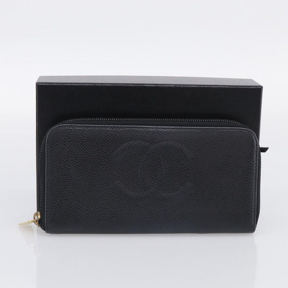 CHANEL Long Wallet Caviar Skin Black Gold CC Auth 213644V