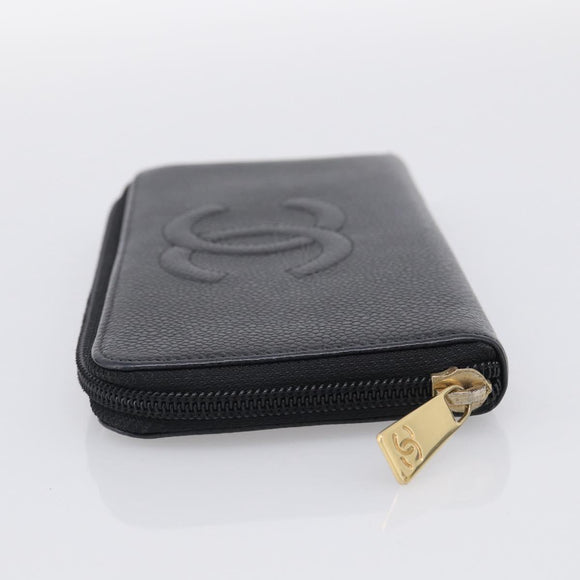 CHANEL Long Wallet Caviar Skin Black Gold CC Auth 213644V