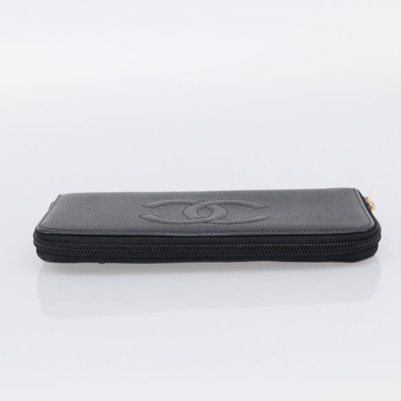 CHANEL Long Wallet Caviar Skin Black Gold CC Auth 213644V