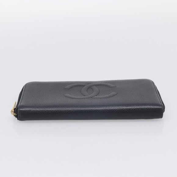 CHANEL Long Wallet Caviar Skin Black Gold CC Auth 213644V