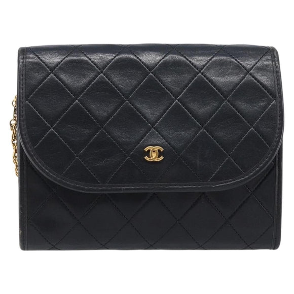 CHANEL Matelasse Chain Shoulder Bag Lamb Skin Black CC Auth 213664V