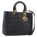 Christian Dior Cannage Lady Dior Large Hand Bag Lamb Skin 2way Auth 213685V-1