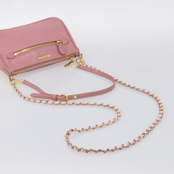 Miu Miu Madras Chain Shoulder Bag Leather 2way Pink Gold Auth 213686A
