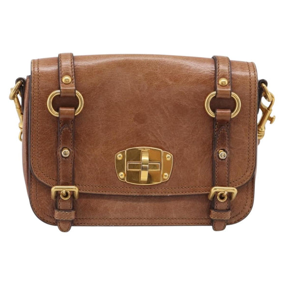 Miu Miu Vitellolux Shoulder Bag Leather Brown Gold Auth 213693A
