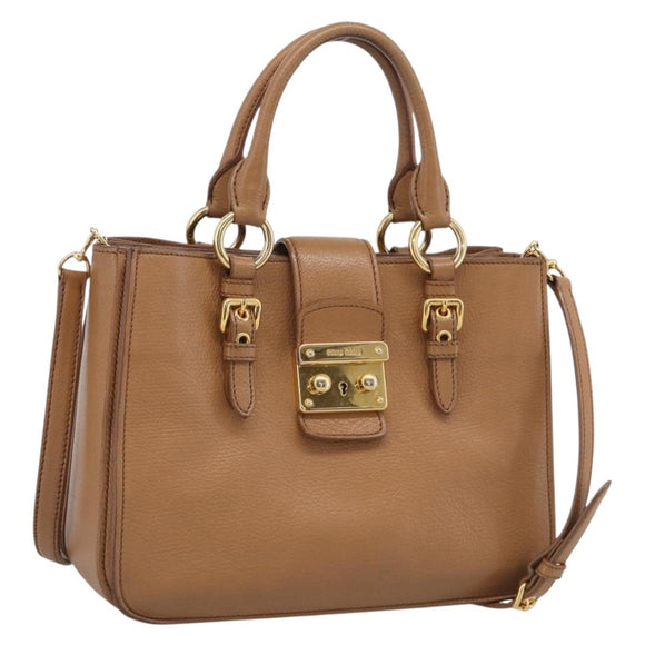 Miu Miu Madras Hand Bag Leather 2way Brown Gold Auth 213704A