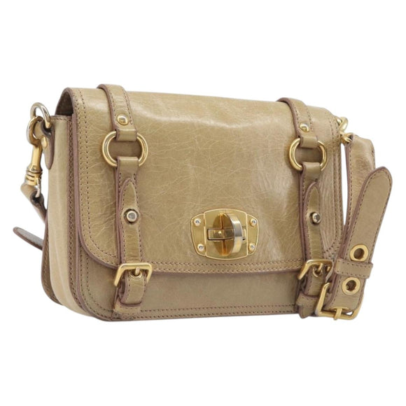 Miu Miu Vitellolux Shoulder Bag Leather Beige Gold Tone Auth 213705A