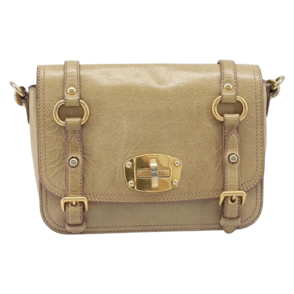 Miu Miu Vitellolux Shoulder Bag Leather Beige Gold Tone Auth 213705A