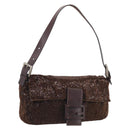 FENDI Mamma Baguette Shoulder Bag Beads Brown Silver Auth 213707V-1