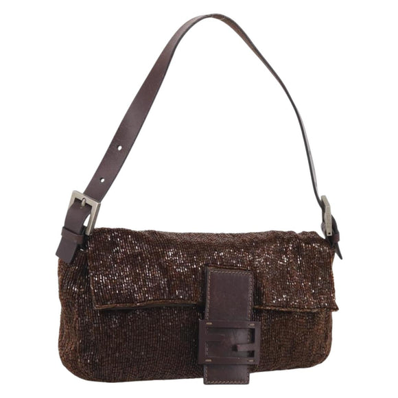 FENDI Mamma Baguette Shoulder Bag Beads Brown Silver Auth 213707V