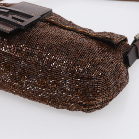 FENDI Mamma Baguette Shoulder Bag Beads Brown Silver Auth 213707V