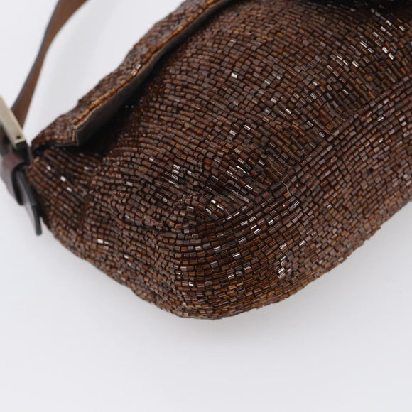 FENDI Mamma Baguette Shoulder Bag Beads Brown Silver Auth 213707V
