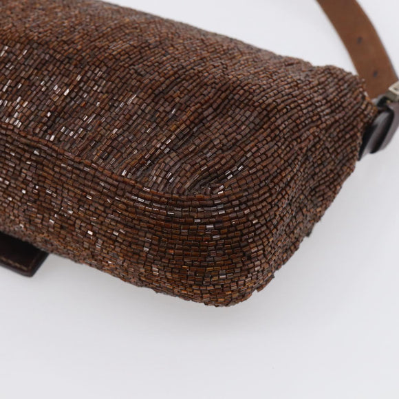 FENDI Mamma Baguette Shoulder Bag Beads Brown Silver Auth 213707V