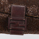 FENDI Mamma Baguette Shoulder Bag Beads Brown Silver Auth 213707V-15