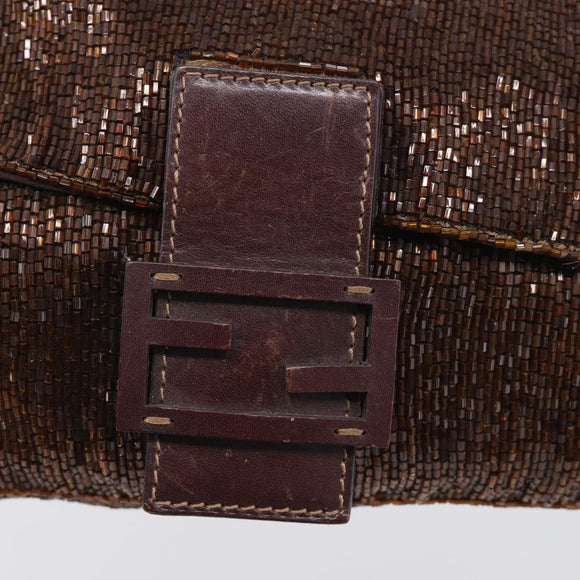 FENDI Mamma Baguette Shoulder Bag Beads Brown Silver Auth 213707V