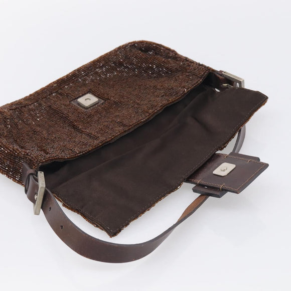 FENDI Mamma Baguette Shoulder Bag Beads Brown Silver Auth 213707V