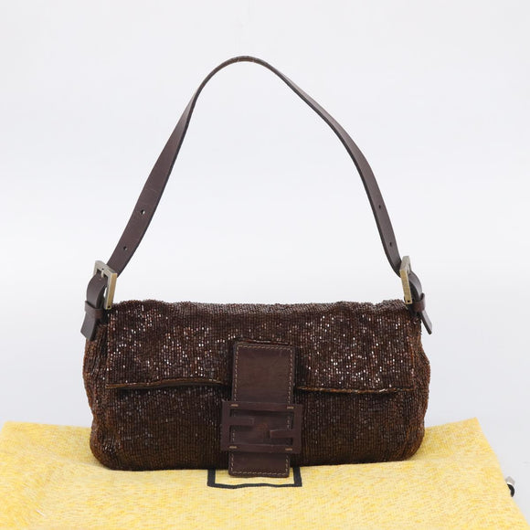 FENDI Mamma Baguette Shoulder Bag Beads Brown Silver Auth 213707V