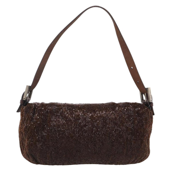 FENDI Mamma Baguette Shoulder Bag Beads Brown Silver Auth 213707V