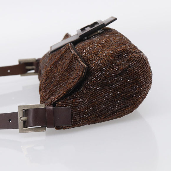 FENDI Mamma Baguette Shoulder Bag Beads Brown Silver Auth 213707V