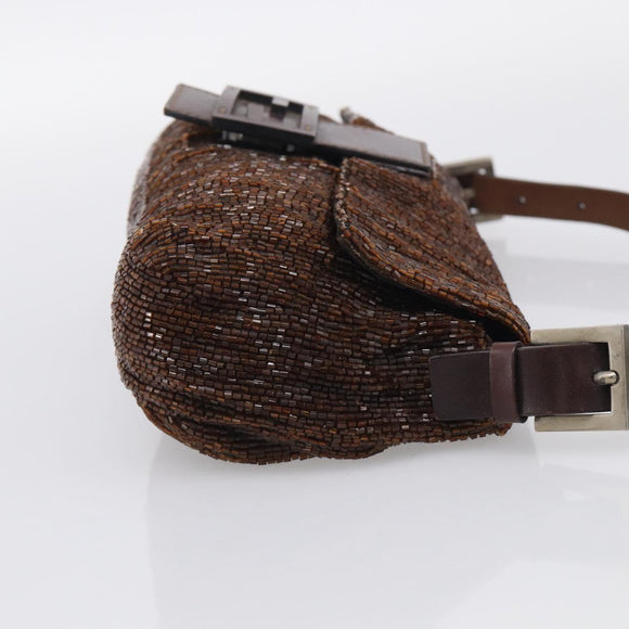 FENDI Mamma Baguette Shoulder Bag Beads Brown Silver Auth 213707V