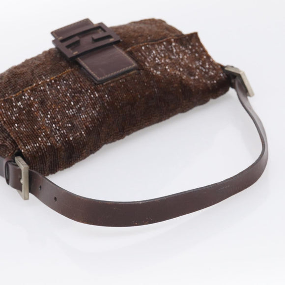 FENDI Mamma Baguette Shoulder Bag Beads Brown Silver Auth 213707V