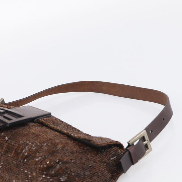 FENDI Mamma Baguette Shoulder Bag Beads Brown Silver Auth 213707V