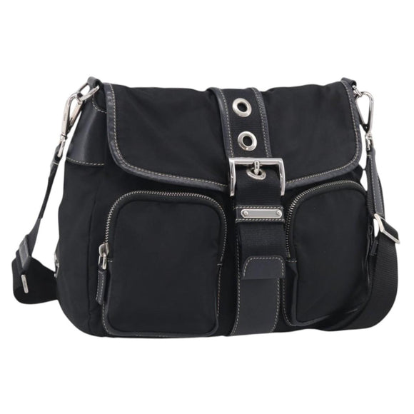 PRADA Shoulder Bag Nylon Black Silver Auth 213721A