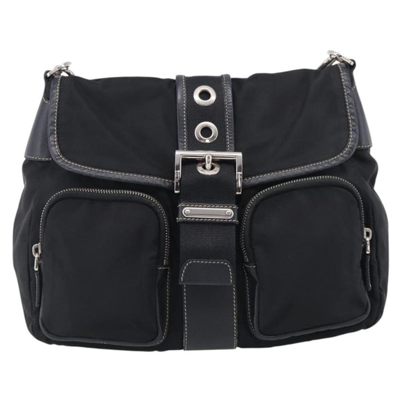 PRADA Shoulder Bag Nylon Black Silver Auth 213721A
