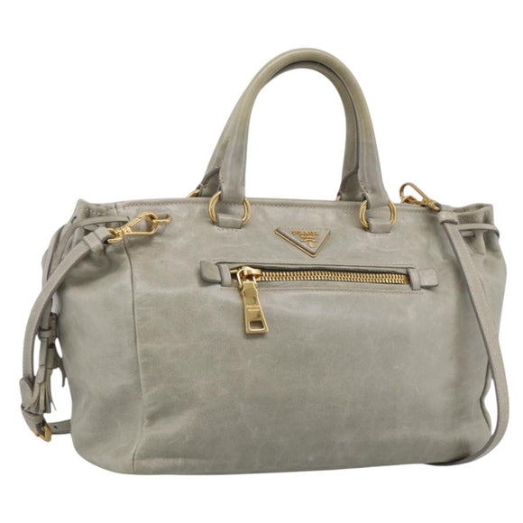 PRADA Vitellolux Hand Bag Leather 2way Gold Light green Auth 213734V