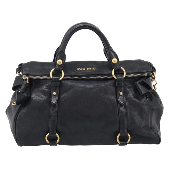 Miu Miu Vitellolux Hand Bag Leather 2way Black Gold Auth 213746V