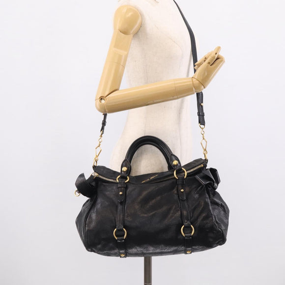 Miu Miu Vitellolux Hand Bag Leather 2way Black Gold Auth 213746V