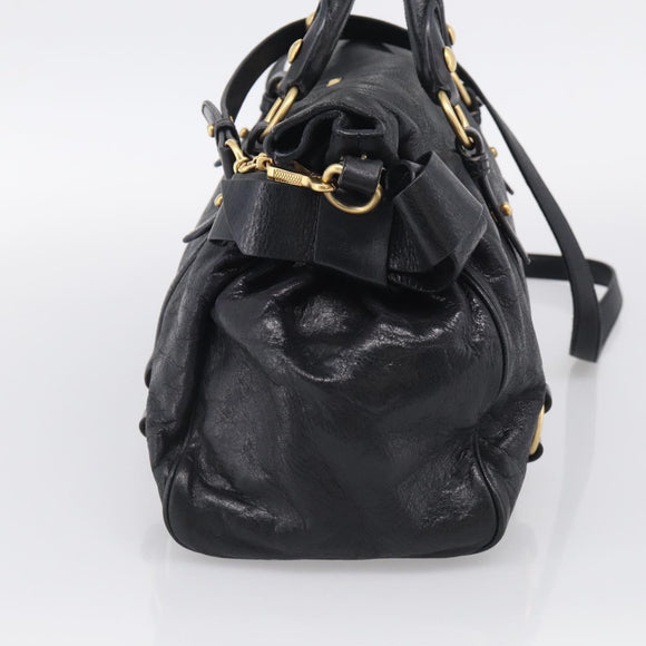 Miu Miu Vitellolux Hand Bag Leather 2way Black Gold Auth 213746V