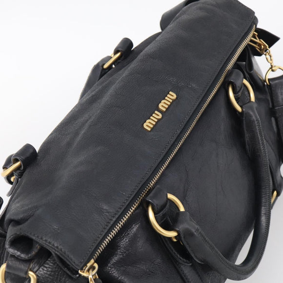 Miu Miu Vitellolux Hand Bag Leather 2way Black Gold Auth 213746V