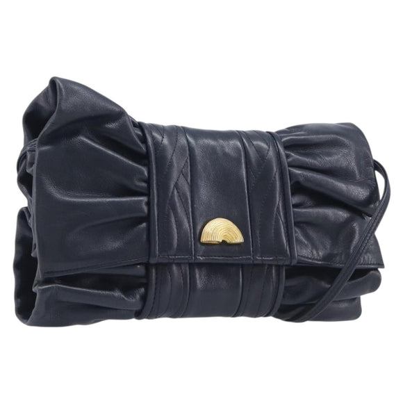FENDI Shoulder Bag Leather Navy Gold Tone Auth 213763A