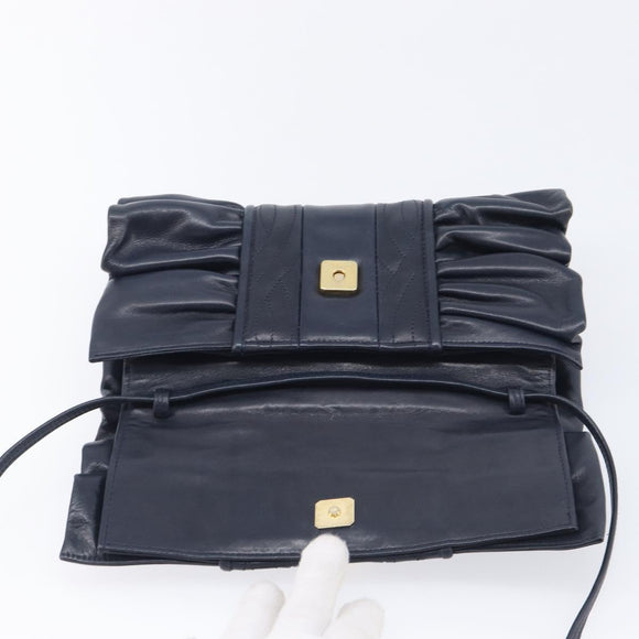 FENDI Shoulder Bag Leather Navy Gold Tone Auth 213763A