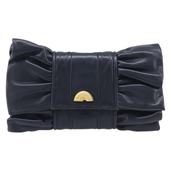 FENDI Shoulder Bag Leather Navy Gold Tone Auth 213763A