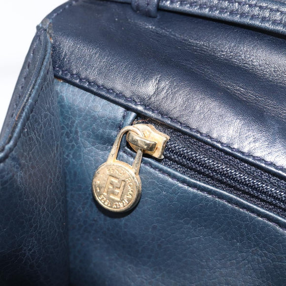FENDI Shoulder Bag Leather Navy Gold Tone Auth 213763A