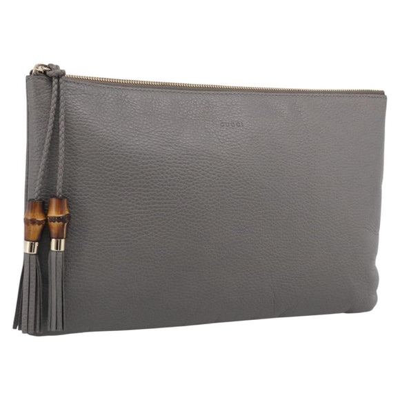 GUCCI Bamboo Clutch Bag Leather Gray Gold 449653 Auth 213782A