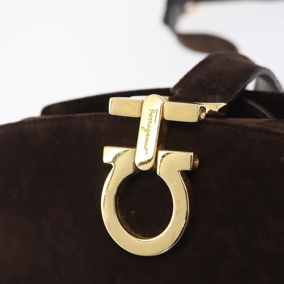 Salvatore Ferragamo Gancini Shoulder Bag Suede Brown Gold Auth 213783