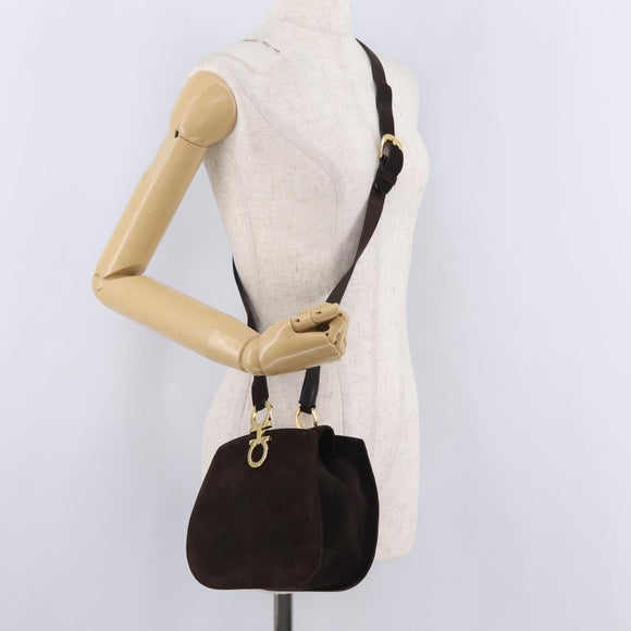 Salvatore Ferragamo Gancini Shoulder Bag Suede Brown Gold Auth 213783