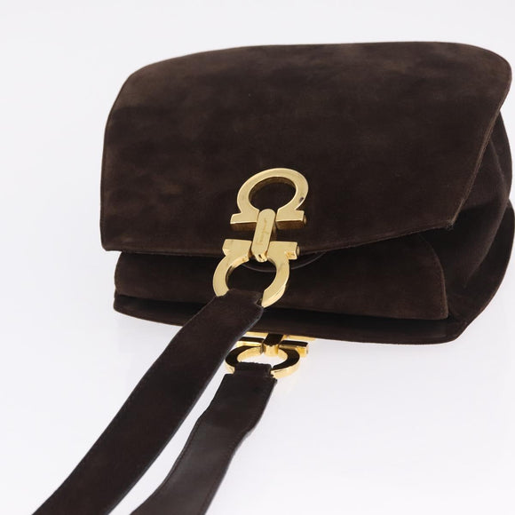 Salvatore Ferragamo Gancini Shoulder Bag Suede Brown Gold Auth 213783