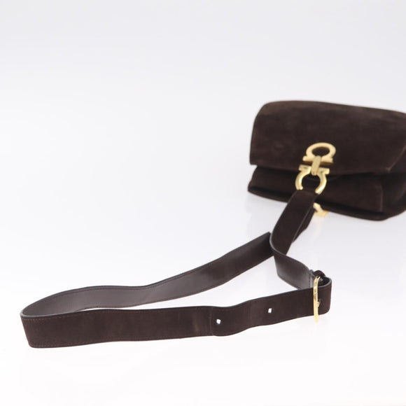 Salvatore Ferragamo Gancini Shoulder Bag Suede Brown Gold Auth 213783