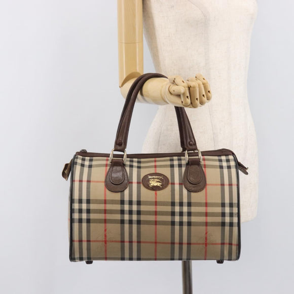 BURBERRY Nova Check Hand Bag Canvas Beige Gold Tone Auth 213784