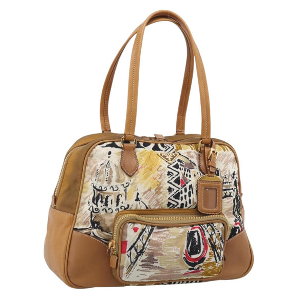 PRADA Tote Bag Nylon Brown Gold Tone Auth 213789