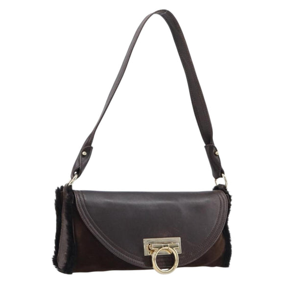 Salvatore Ferragamo Mouton Gancini Shoulder Bag Brown Gold Auth 213790A
