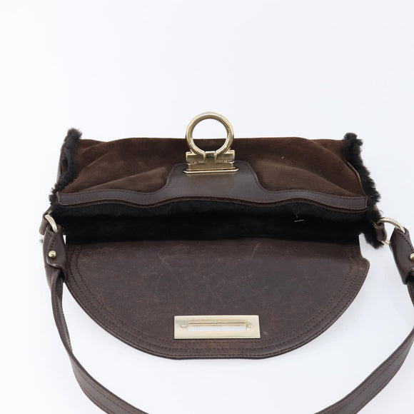 Salvatore Ferragamo Mouton Gancini Shoulder Bag Brown Gold Auth 213790A