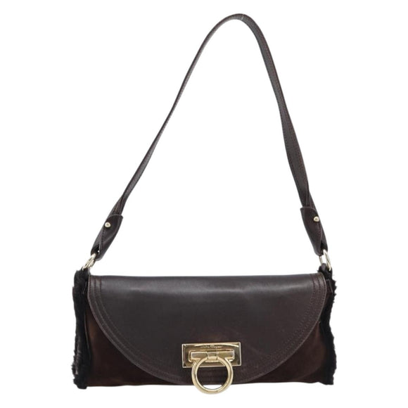 Salvatore Ferragamo Mouton Gancini Shoulder Bag Brown Gold Auth 213790A