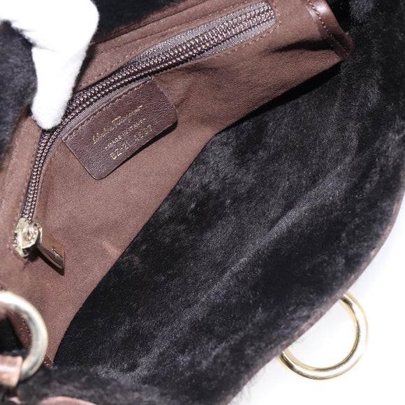 Salvatore Ferragamo Mouton Gancini Shoulder Bag Brown Gold Auth 213790A