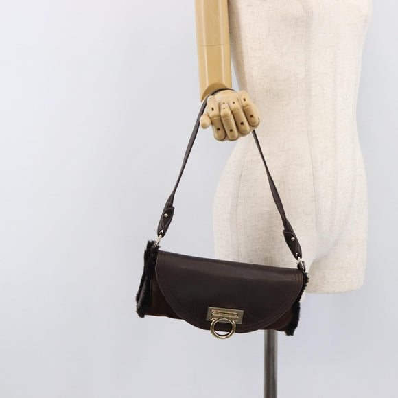 Salvatore Ferragamo Mouton Gancini Shoulder Bag Brown Gold Auth 213790A