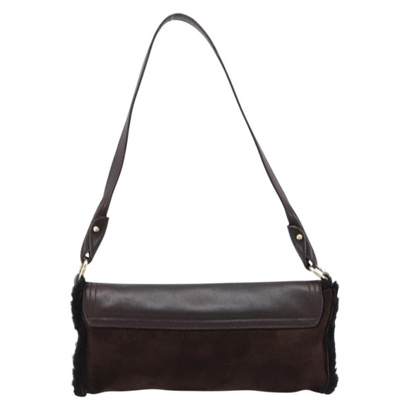 Salvatore Ferragamo Mouton Gancini Shoulder Bag Brown Gold Auth 213790A